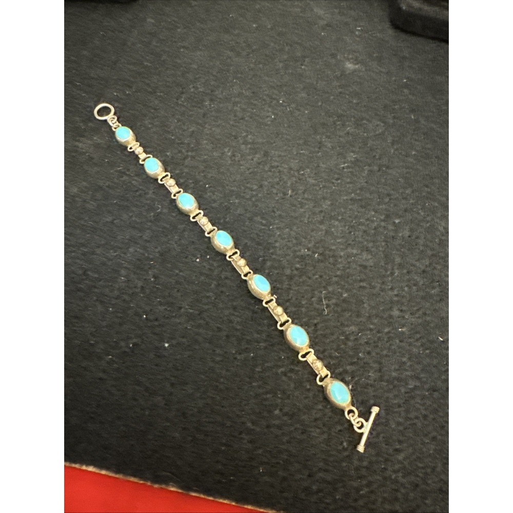 Vtg Sterling Silver Mexico 925 Turquoise Toggle Bracelet 7" Tennis Sleeping Beau